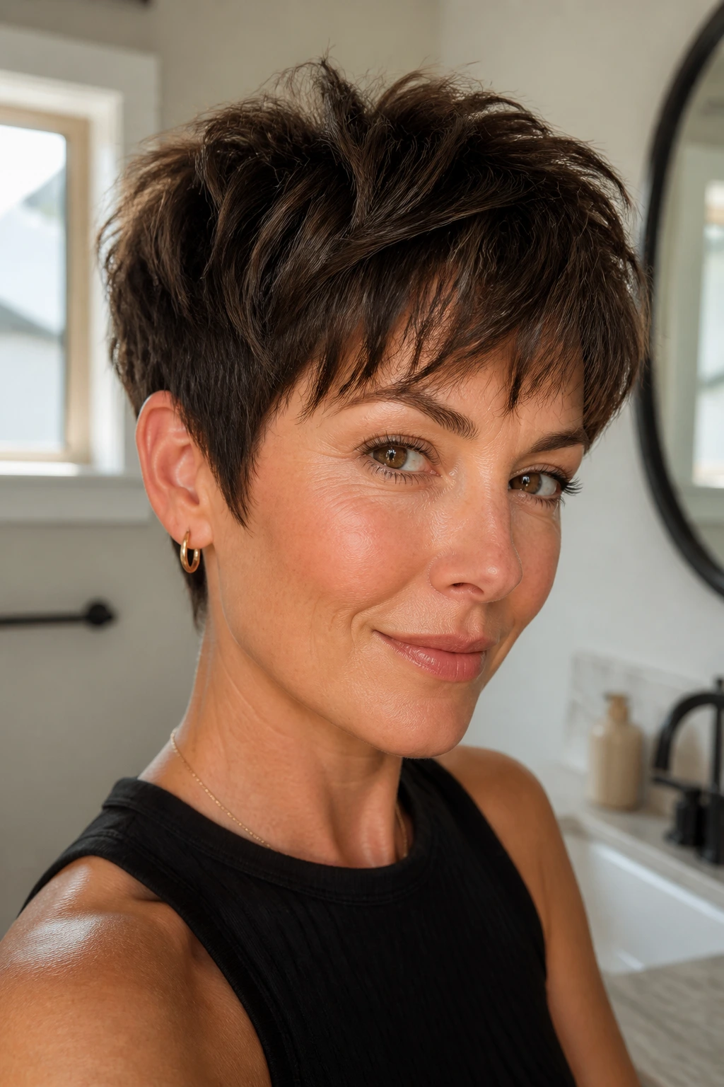 Close-up of real woman with short crisp choppy haircut and defined perimeter