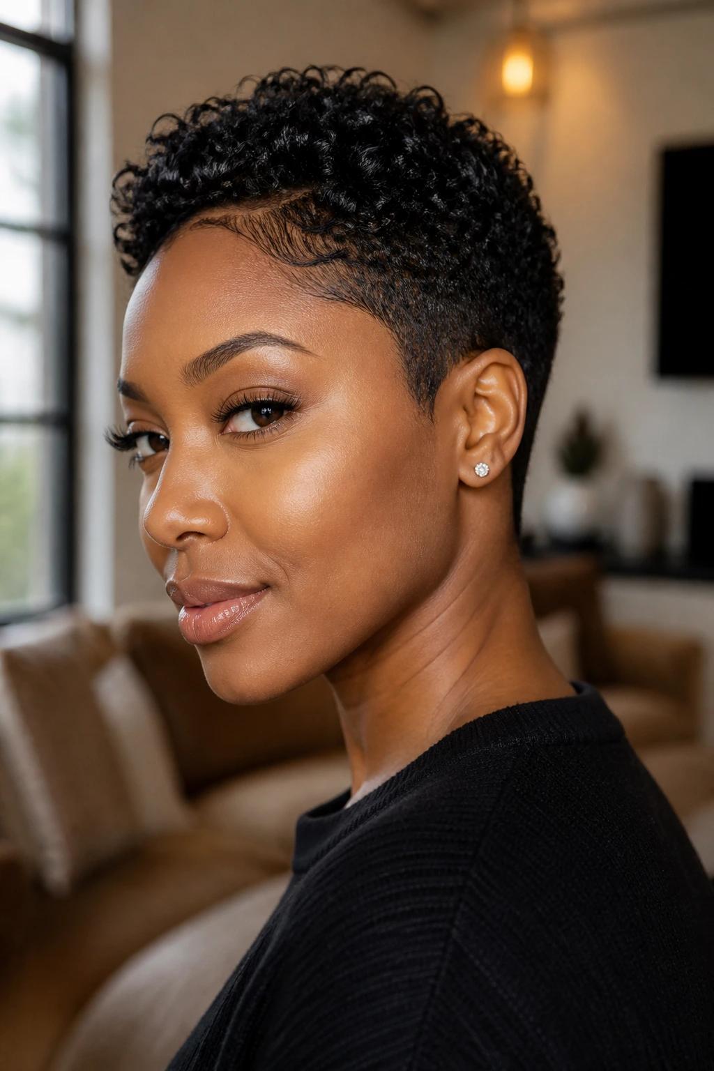 Close-up portrait of a Black woman with a chic short haircut showing shape and texture in natural light