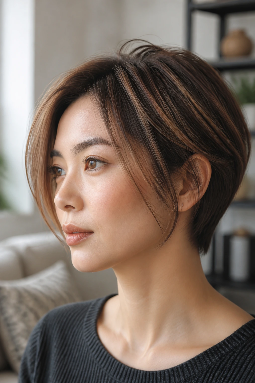 Close-up portrait of a real woman with short hair illustrating faster color read on short cuts.