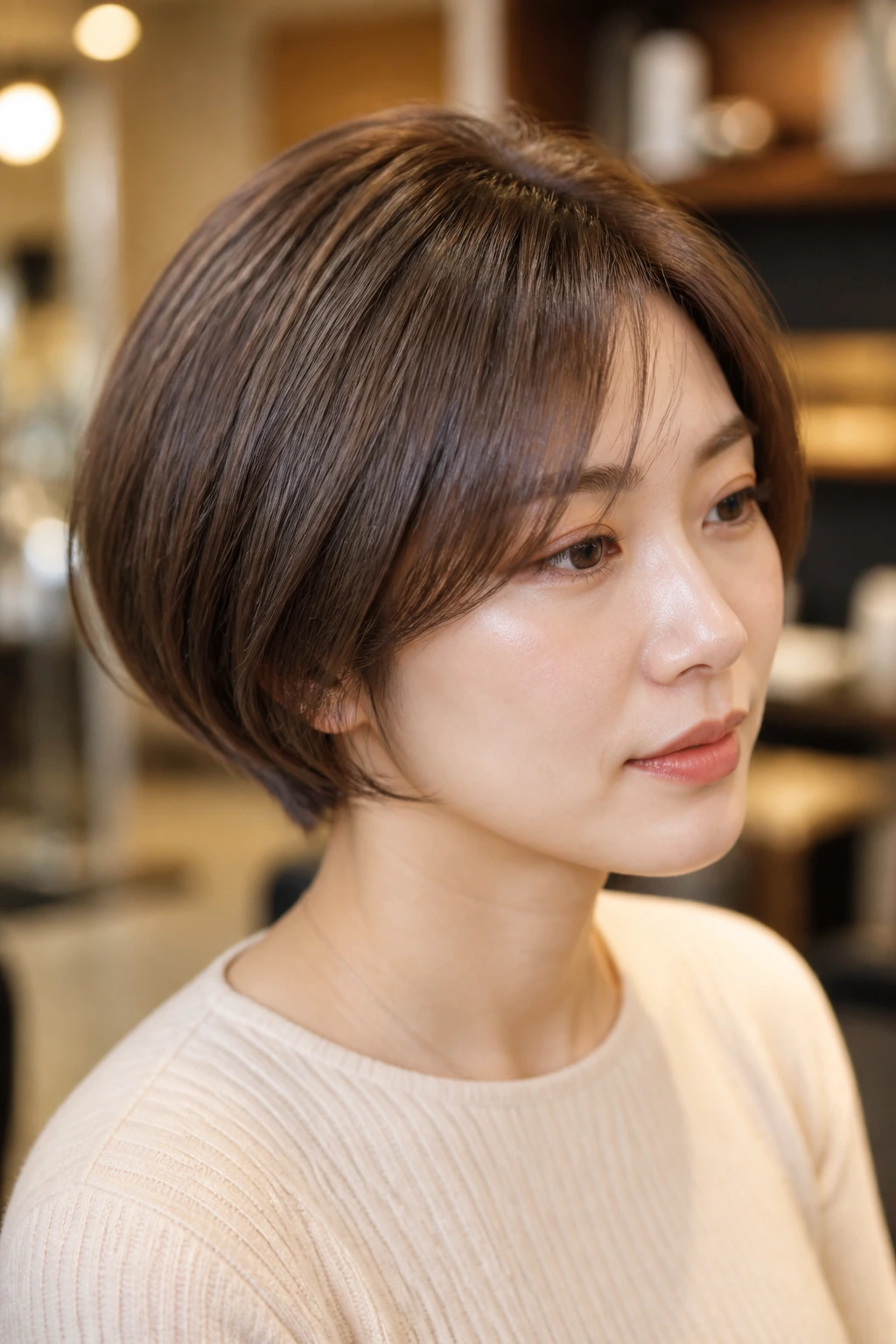 Close-up of a real woman with a mushroom brown short bob, showcasing the harmony of color and cut.