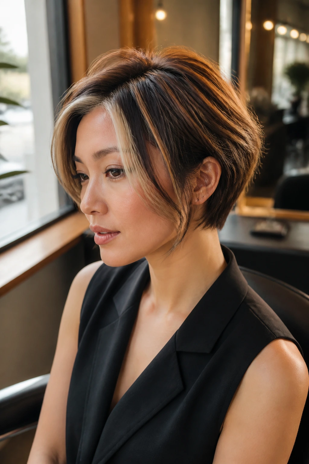Close-up of a real woman's short hairstyle showing multiple color variations in the hair.