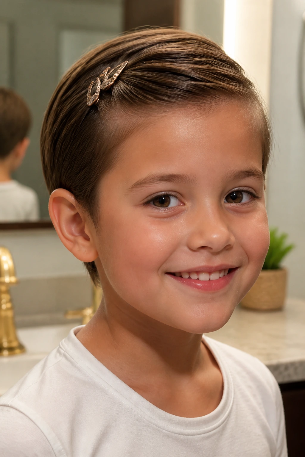 Close-up of a child with a clean short-hair combover secured by small barrettes.