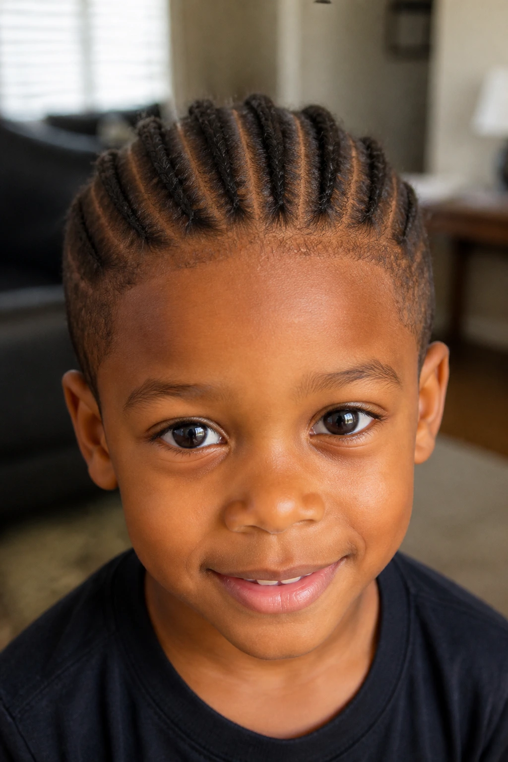 Close-up of a real boy with short-hair cornrow rows.