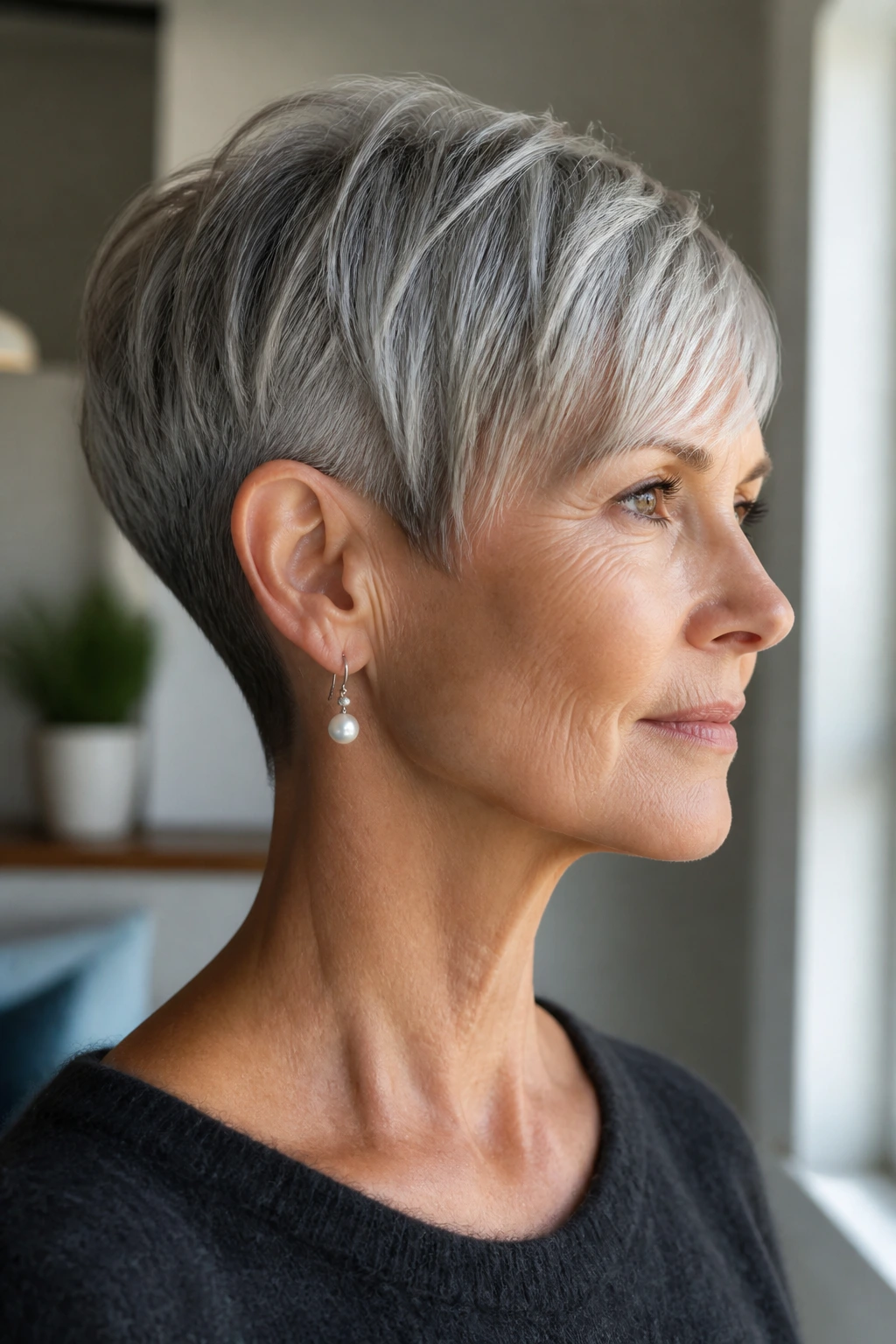 Close-up of a real woman with a crisp short haircut and subtle silver highlights in window light