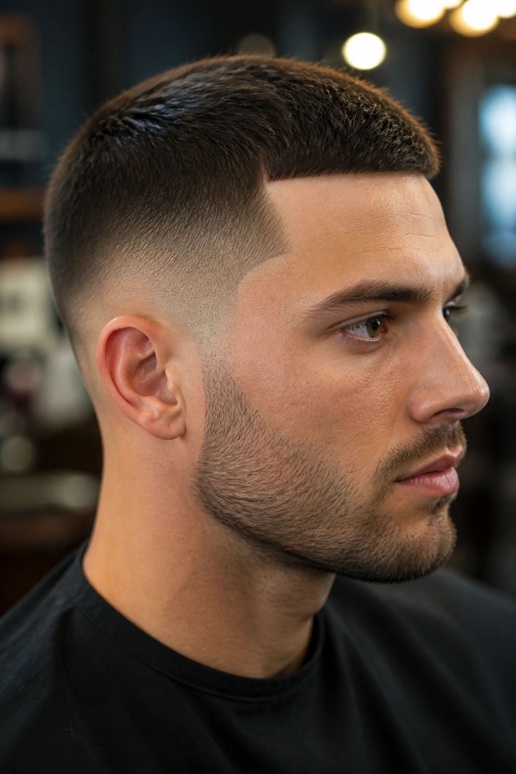 Close-up of a man with a sharp short haircut and clean neckline