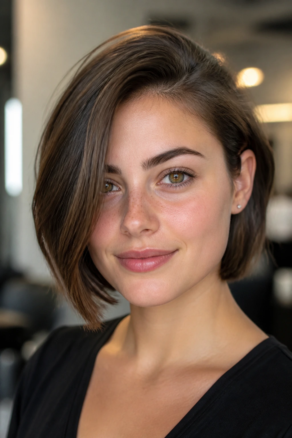 Portrait of a woman with a short straight haircut showing crown lift and side part