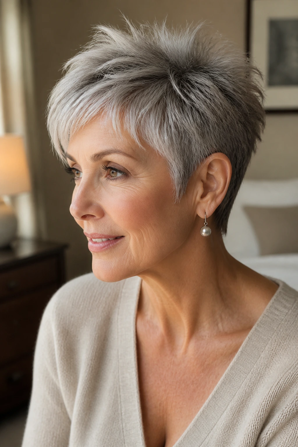 Close-up portrait of a real woman with a chic short haircut and lifted crown.