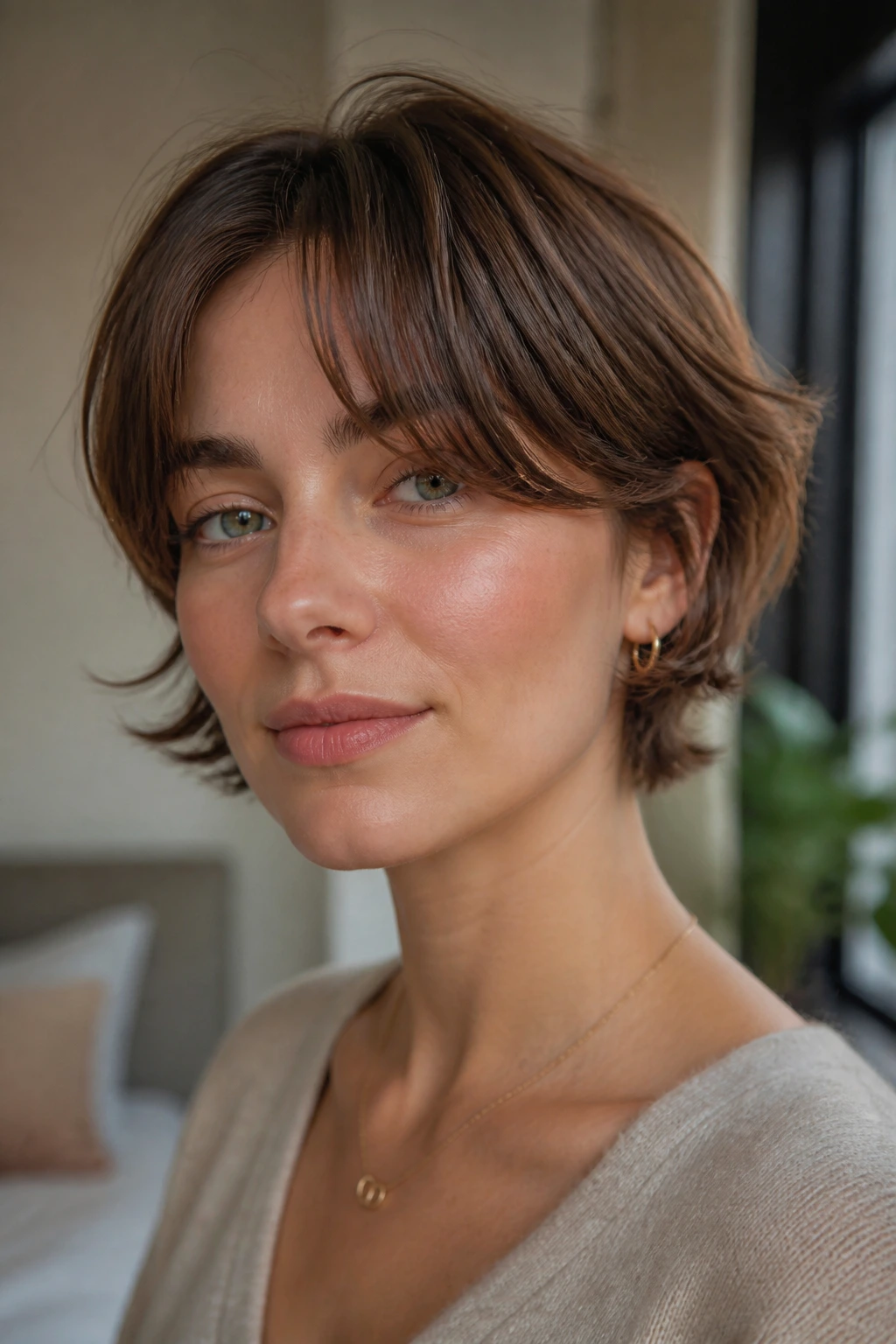Close-up of a woman with short hair curtain bangs framing the forehead in warm natural light