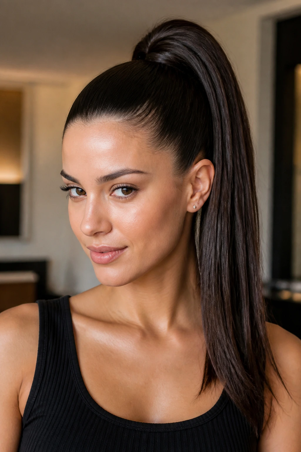 Close-up of a real woman wearing a short-hair extension high ponytail