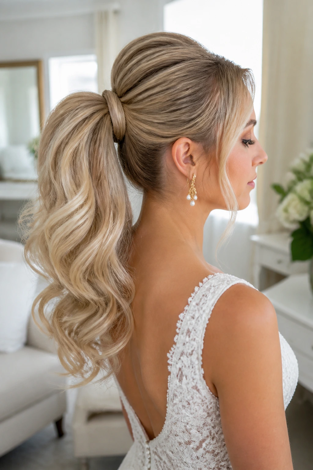 Short hair extended to create a seamless ponytail for bridal look