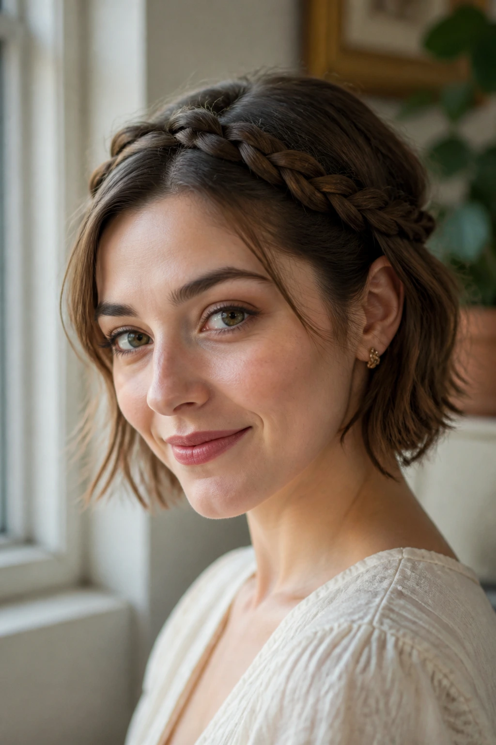 Close-up of a real person with short hair wearing a faux crown made from two small side braids