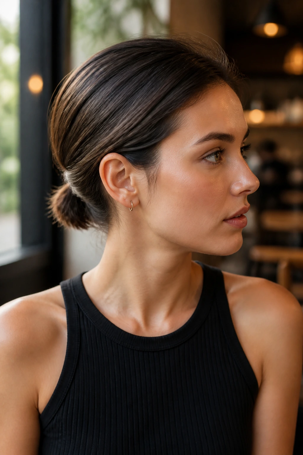 Real woman with short bob and tucked faux ponytail under, in a cafe setting.