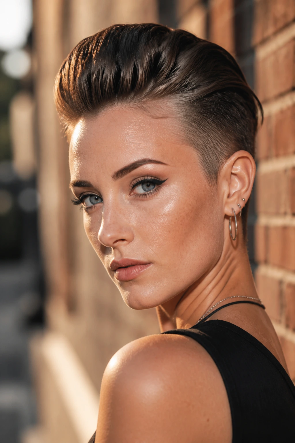 Close-up of a real person with a short faux hawk and slicked sides in an urban golden-hour setting