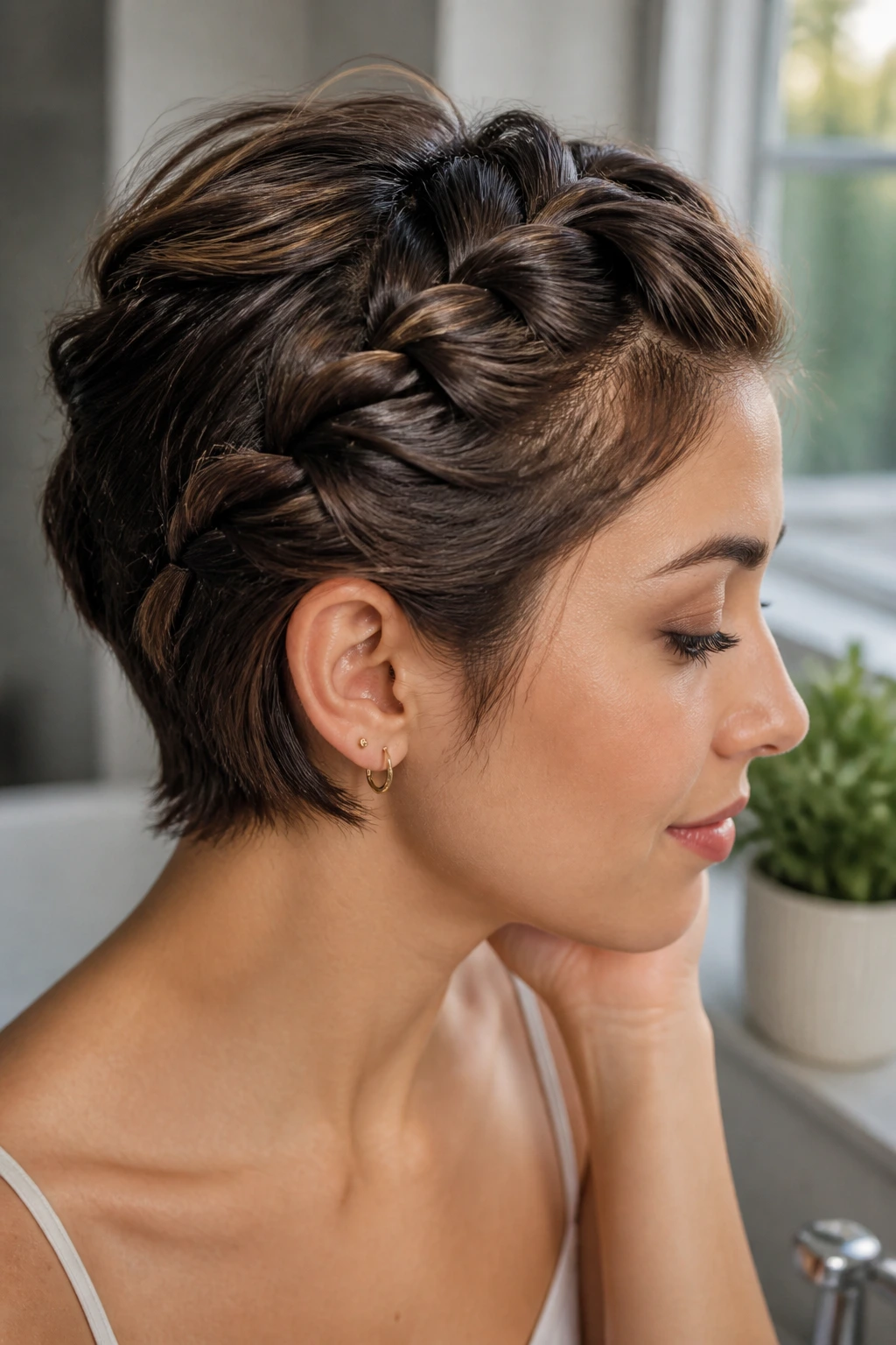 Close-up of real woman with short hair French braid ending behind the ear