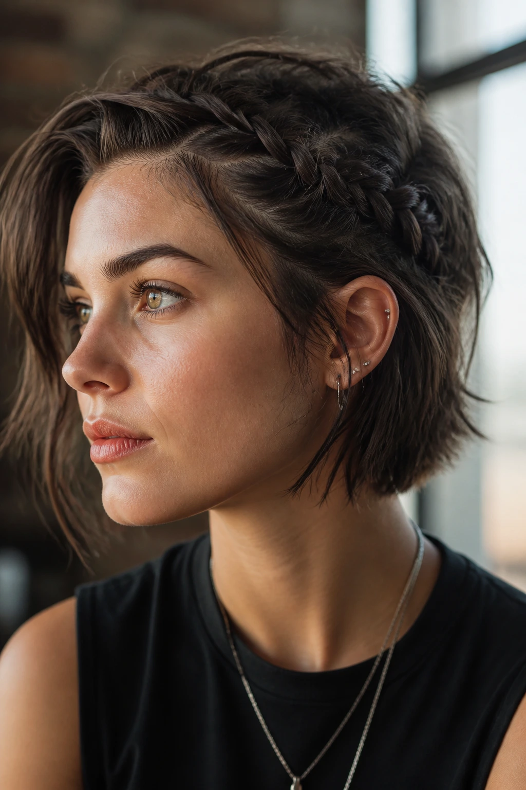 Close-up portrait of a person with short hair showing a personality-driven French braid.