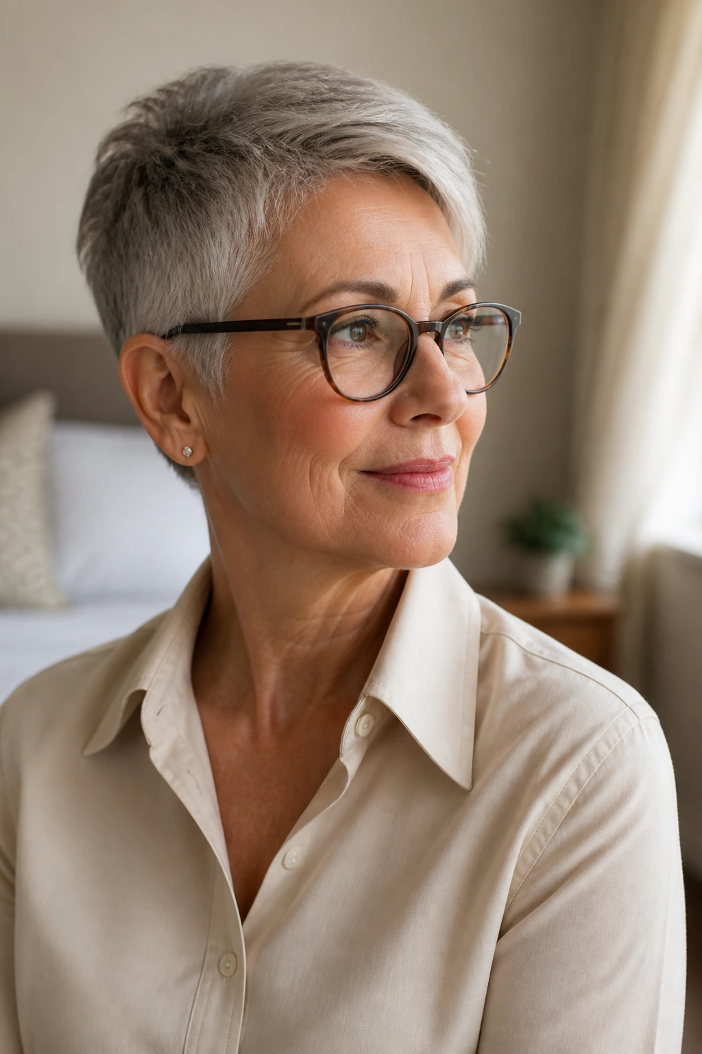 Close-up of a real woman with short hair, glasses, and earrings illustrating how short hair works with frames and collars.