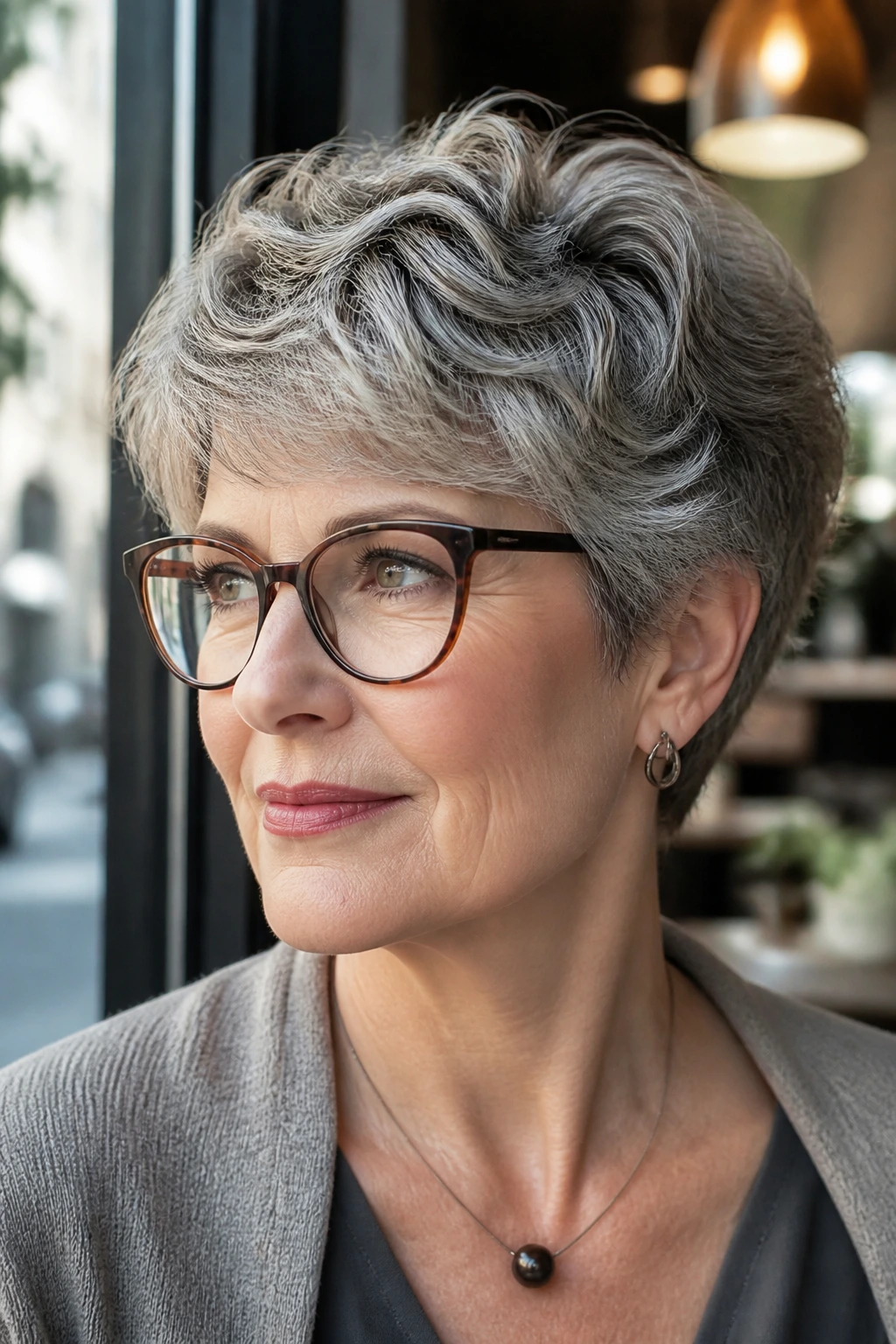 Close-up of a real woman wearing glasses with a short textured cut displaying waves and gray texture
