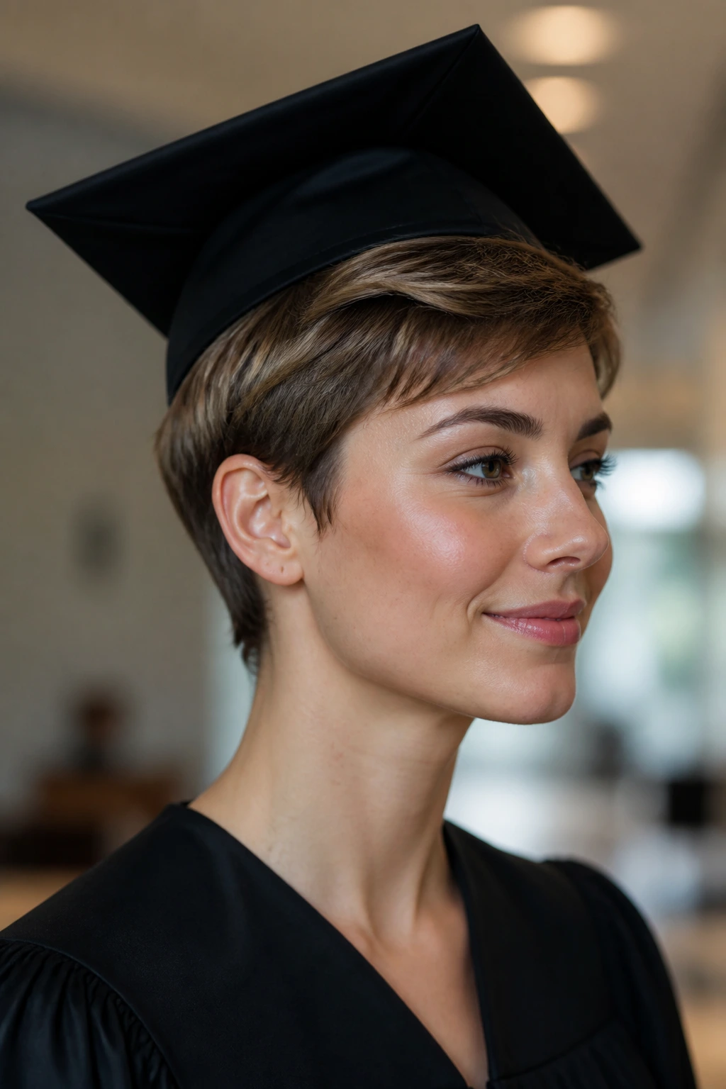 Person with short hair wearing a graduation cap, jawline visible