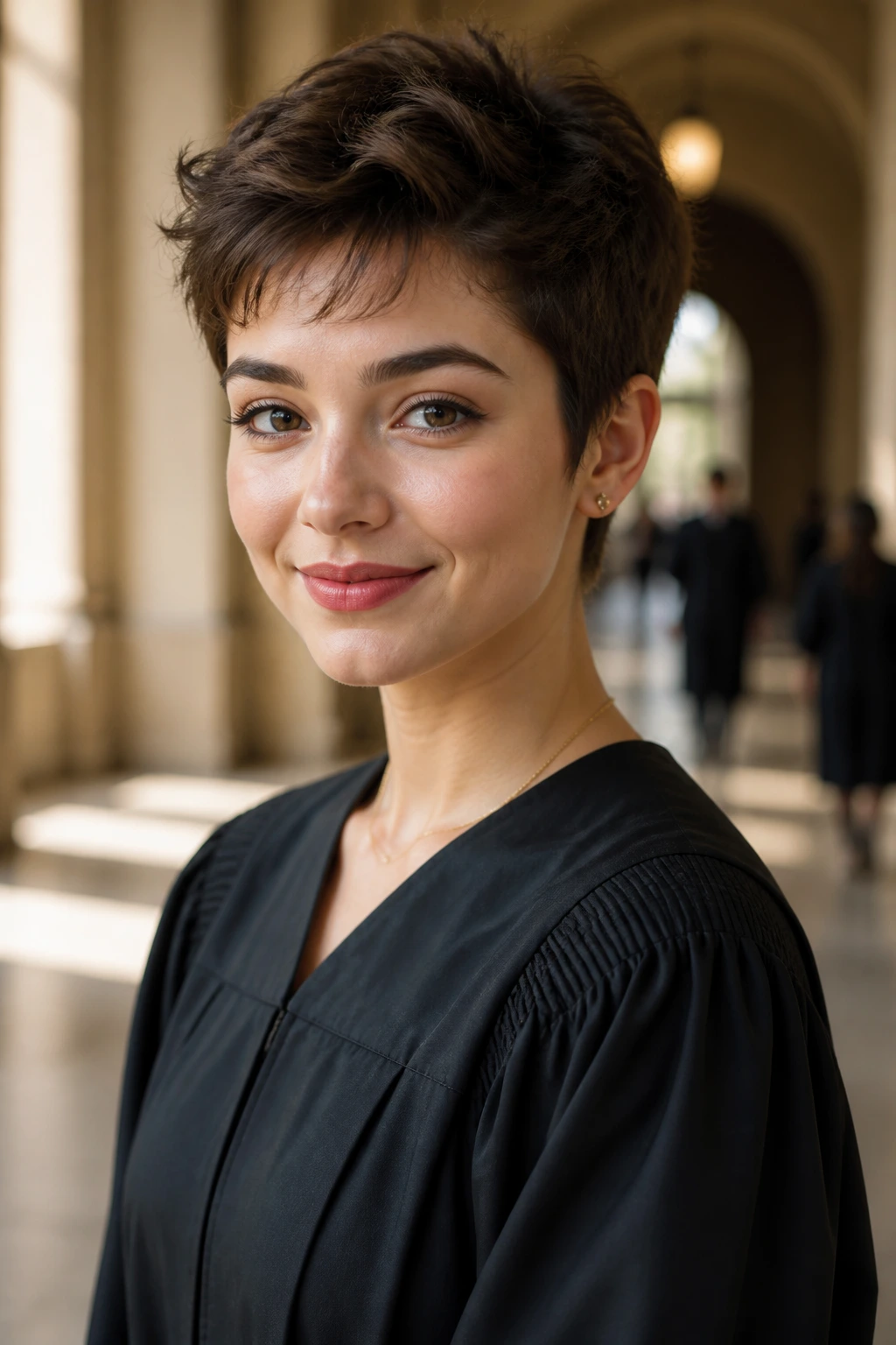 Close-up portrait of a student with chic short hairstyle for graduation in campus hallway
