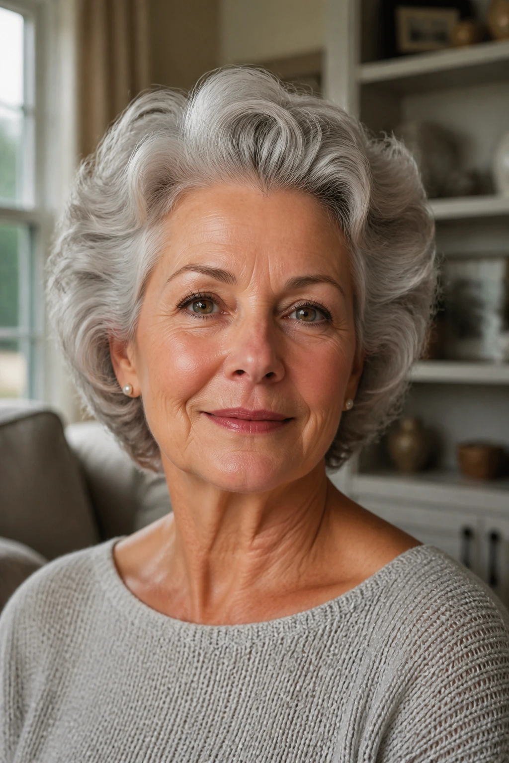 Close-up of an older woman with gray hair styled into a soft crown halo