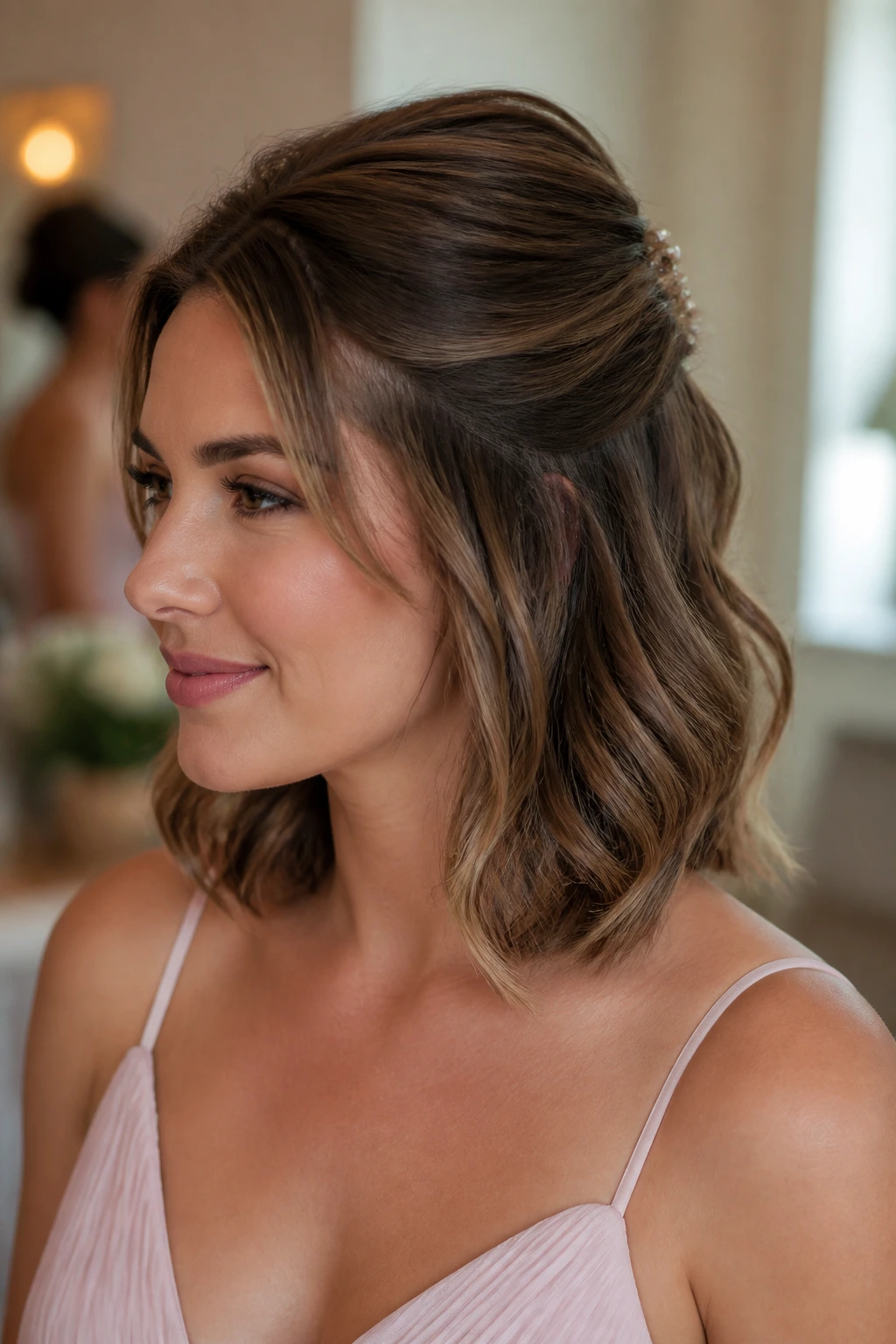Close-up of shoulder-length hair in a volumed half-up style with hidden pins