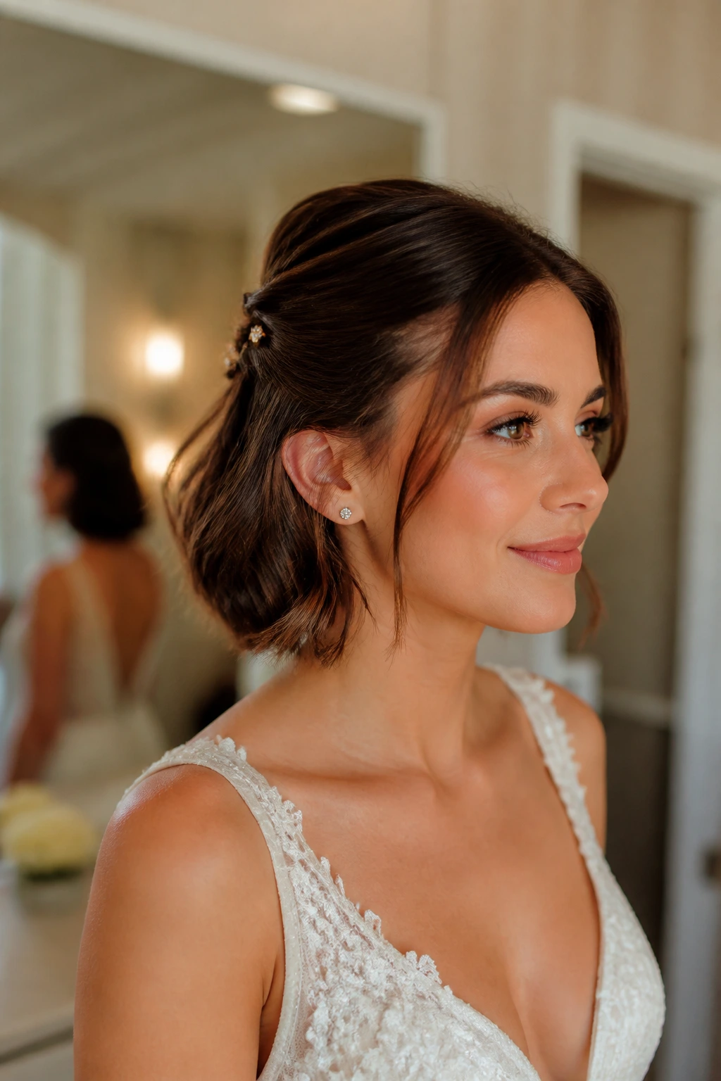 Close-up of a real bride with a short bob wearing tiny clips in a half-up style, warm window light.