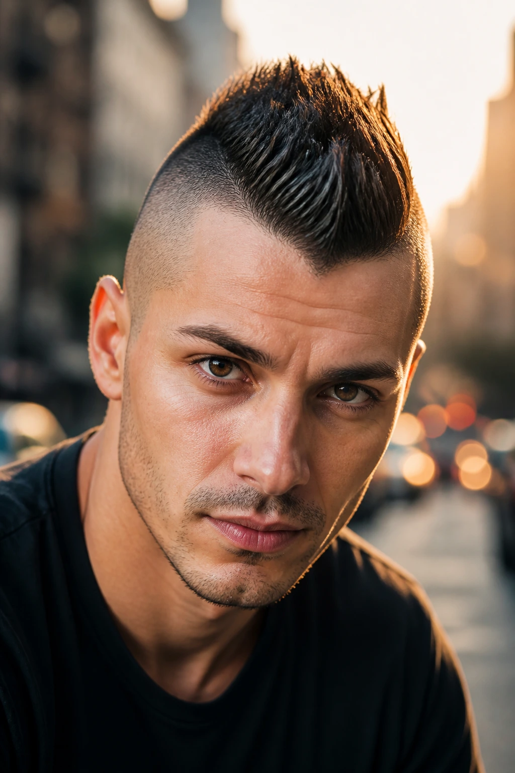 Close-up of a real person with a short-hair hawk shape in golden hour light