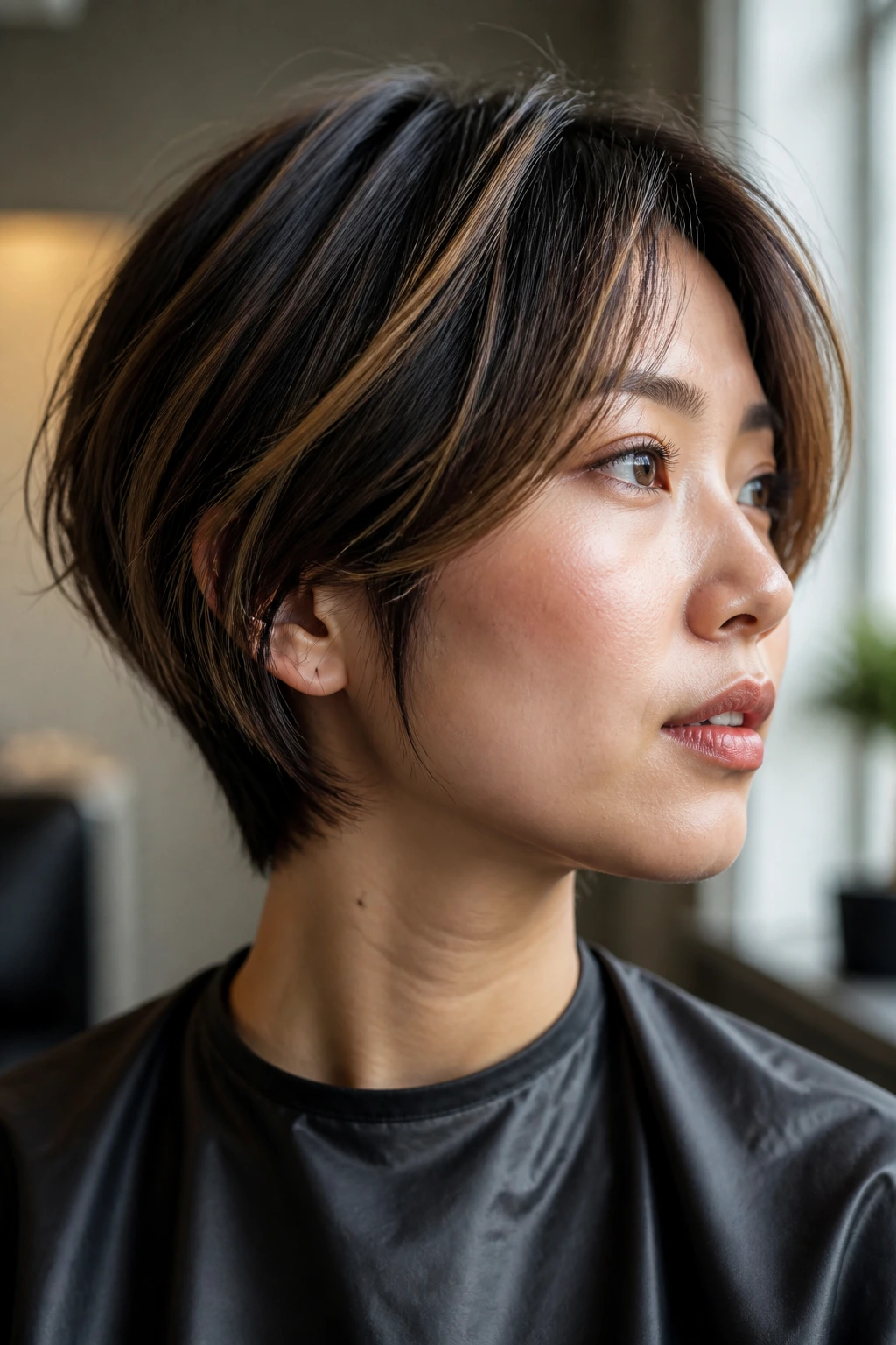 Close-up of a real Asian woman's short hair with strategic highlight placement for dimension