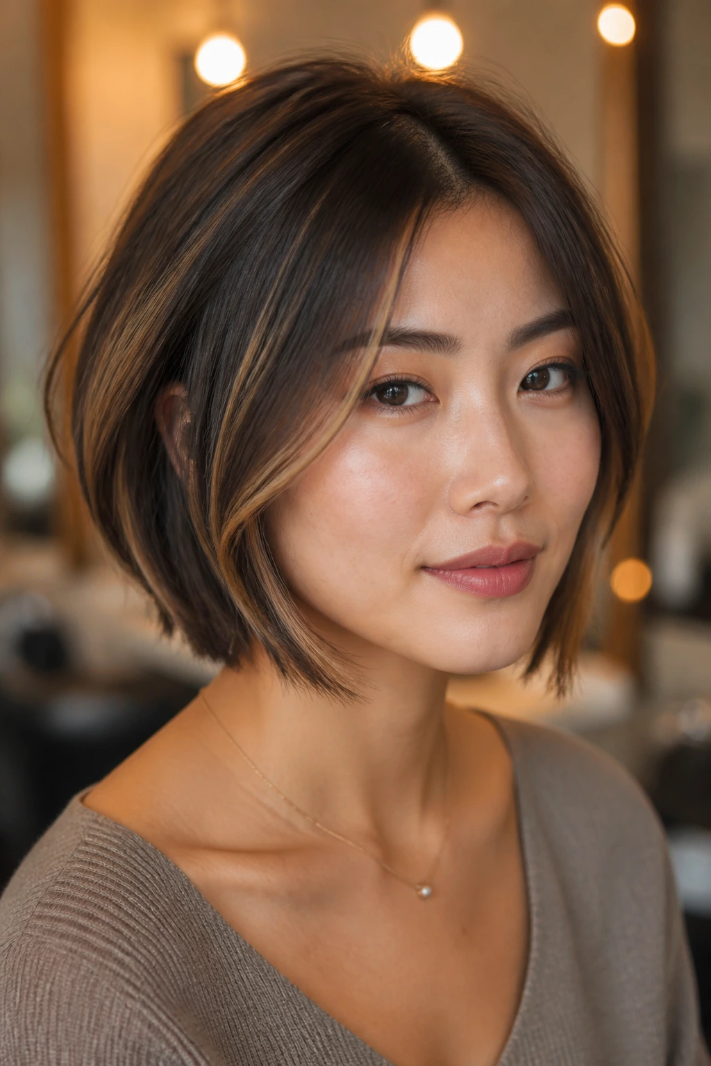 Portrait of a real woman with short bob and face-framing highlights