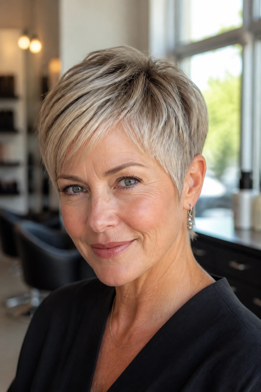 Close-up of a real woman with short hair featuring subtle blonde highlights around the fringe and part