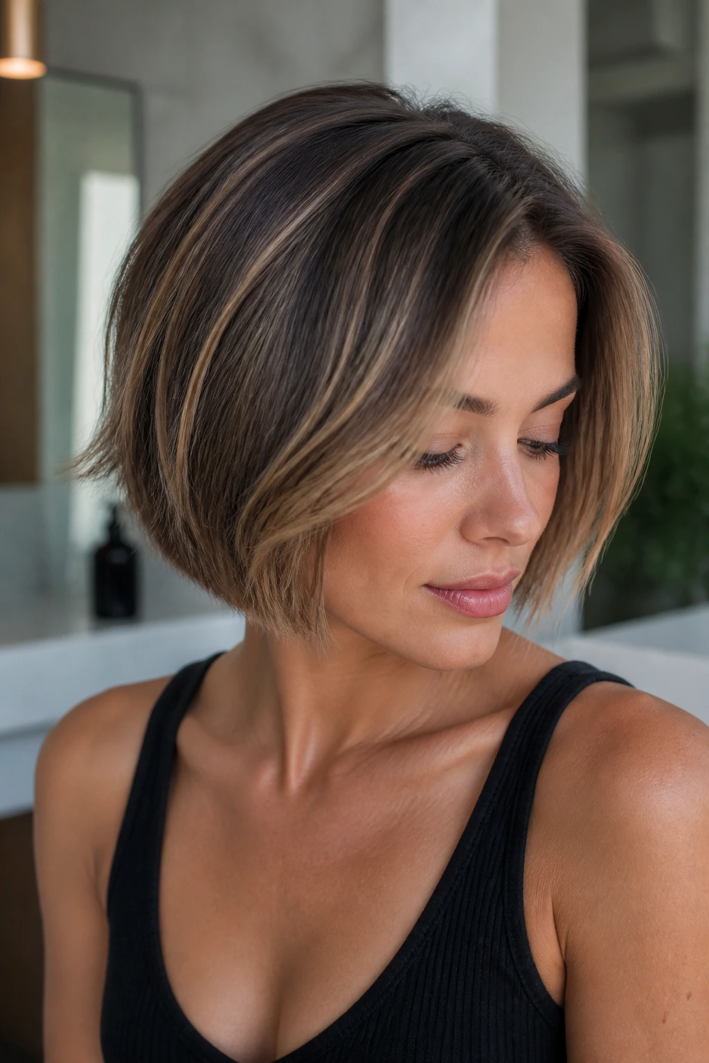 Real person with short bob showing off highlighted color in a softly lit setting