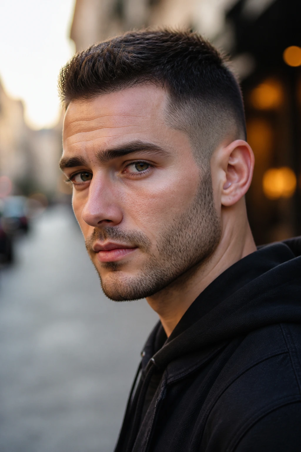 Close-up portrait of a man with short hair in an urban setting
