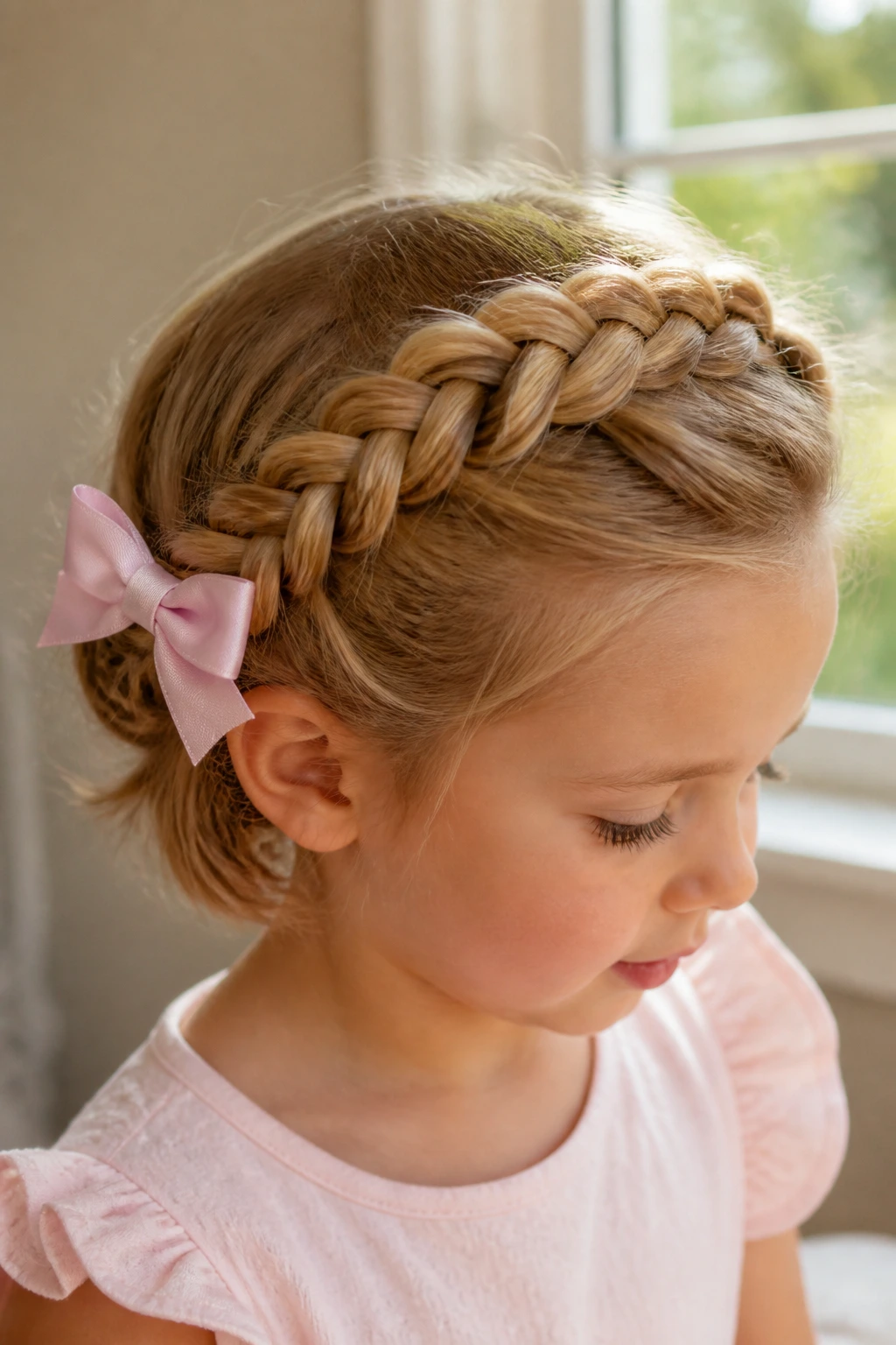 Close-up of a little girl's head with a braided crown hairstyle