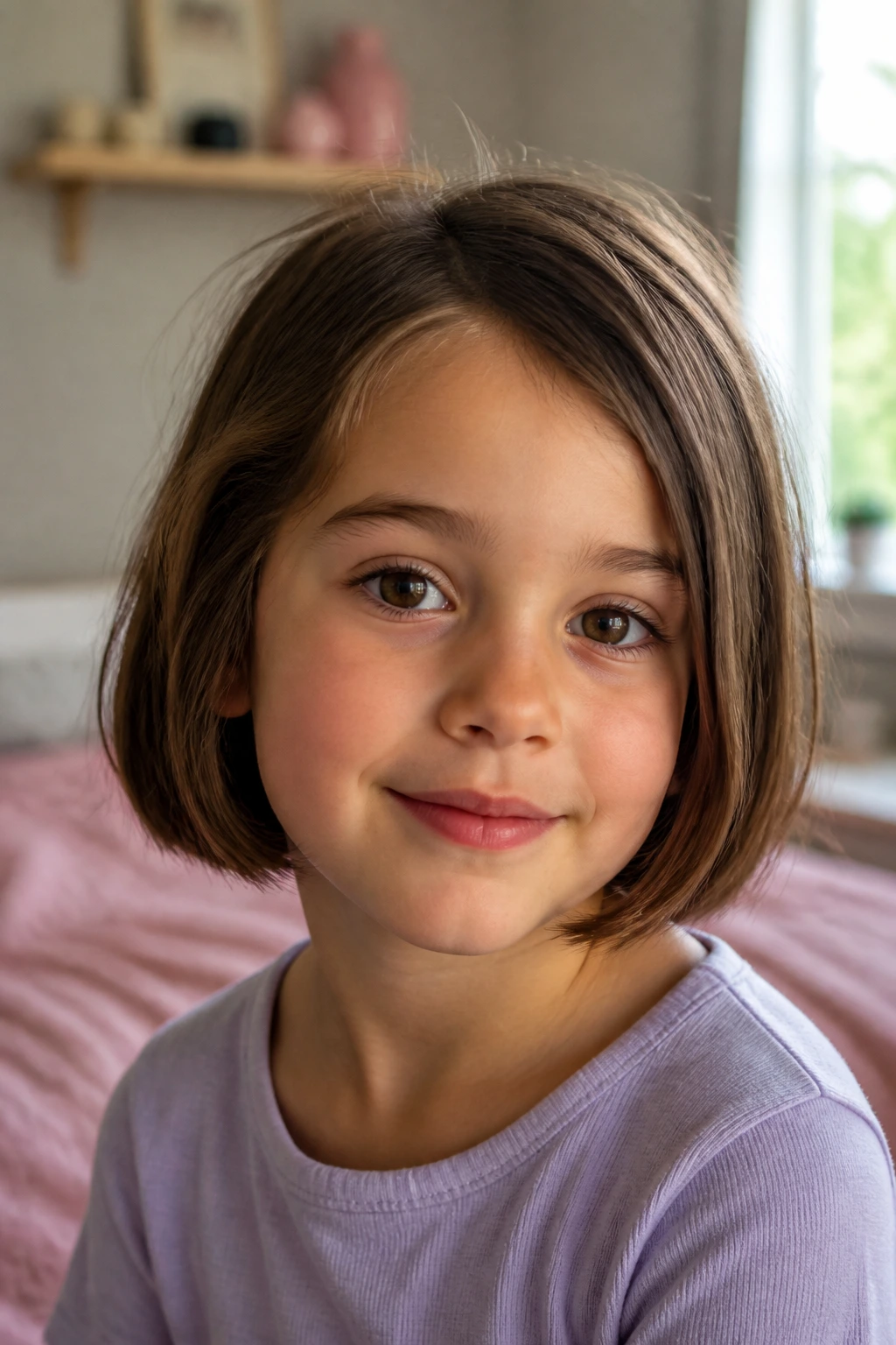 Close-up portrait of a real child with a soft bob haircut in a cozy bedroom