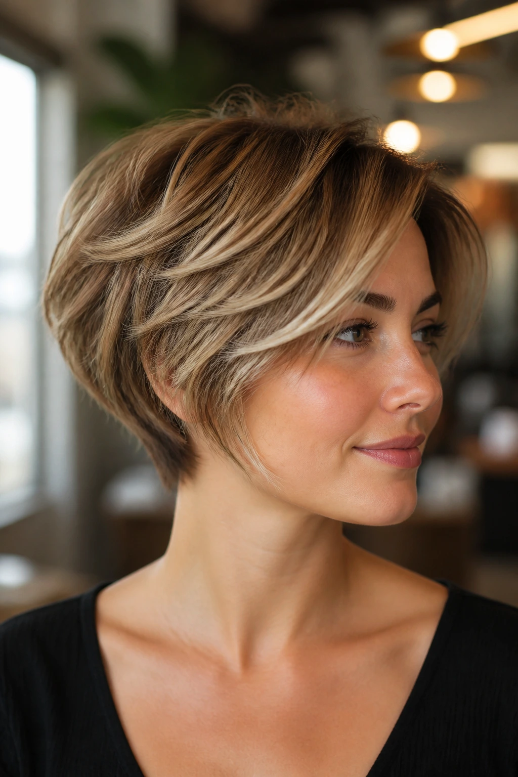 Close-up portrait of a person with a short layered haircut highlighting crown lift