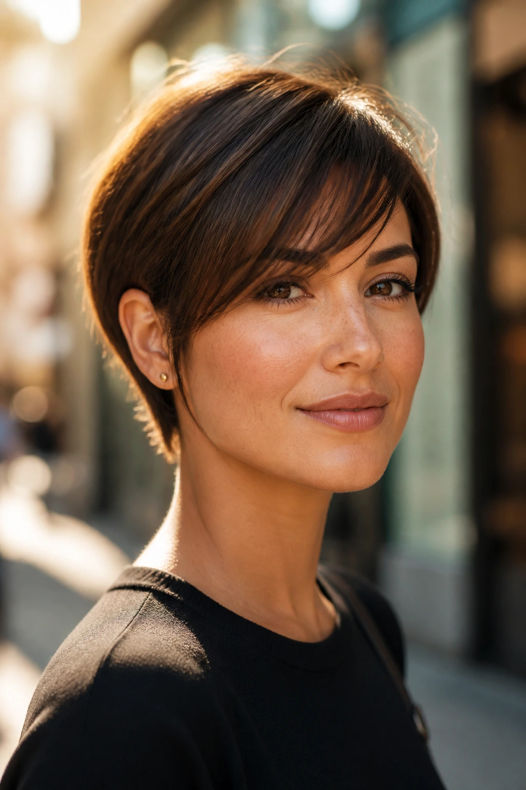 Close-up portrait of a woman with a short hairstyle and a crisp facial line in golden-hour outdoor light