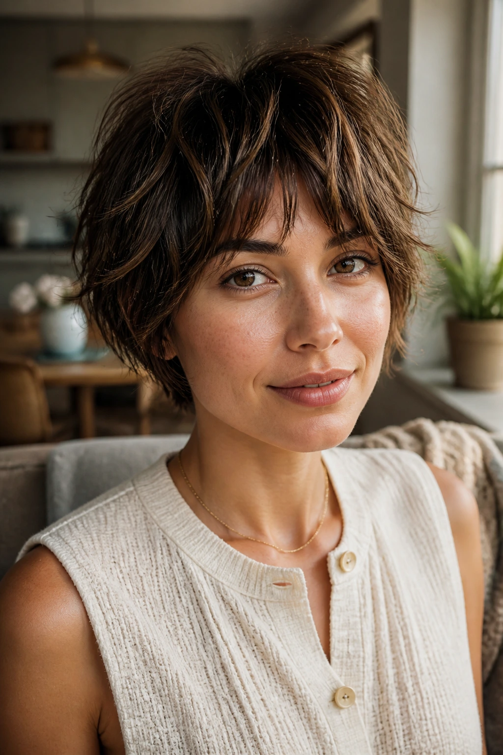 Close-up of a real person with a short, choppy haircut showing lived-in texture in natural light