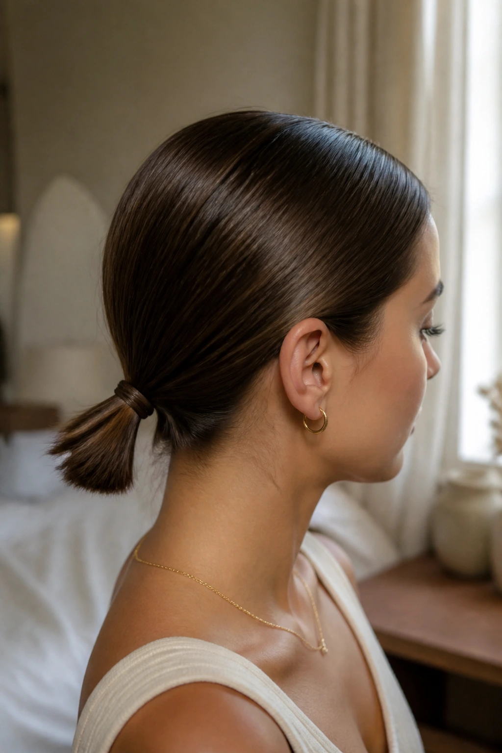 Close-up of a real woman with a minimalist short-hair sleek low ponytail at the nape under soft window light