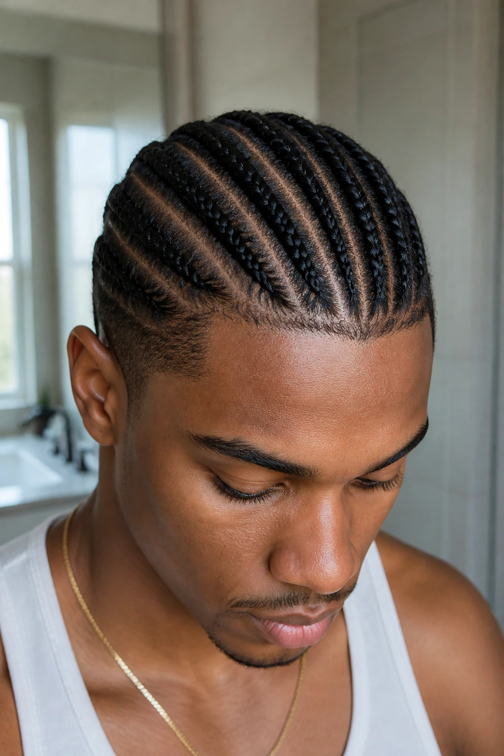 Close-up of a real man's short hair with mini braids near the scalp.