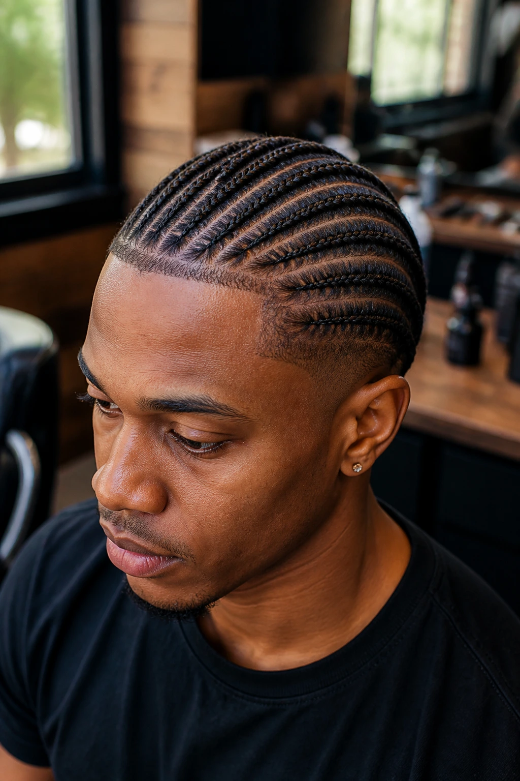 Close-up of a man with short hair braided into mini braids in barbershop setting.