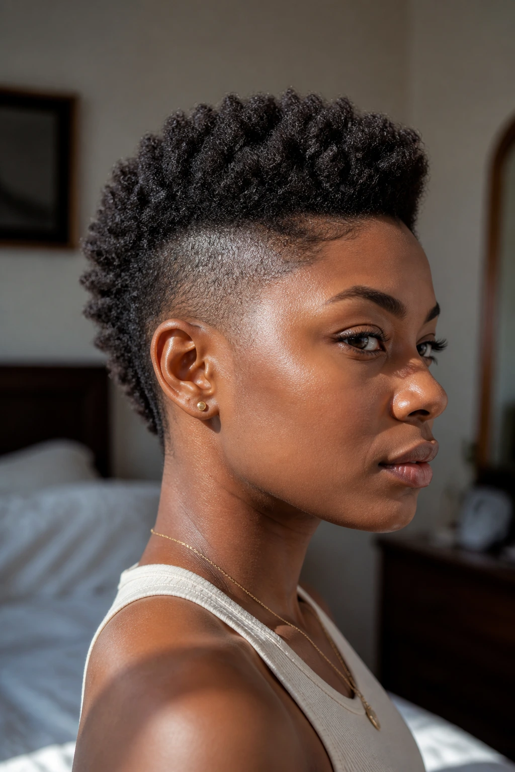 Close-up of a person with short natural hair mohawk showing lifted center ridge and tapered sides