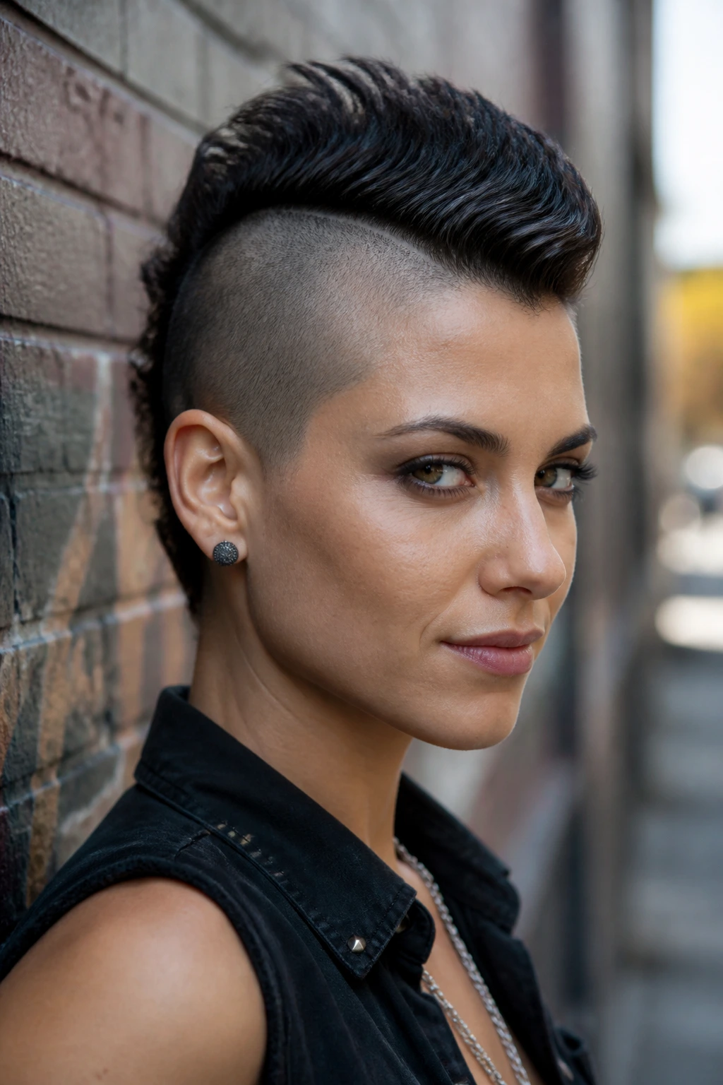 Close-up portrait of a real person with a pronounced center ridge mohawk on short hair