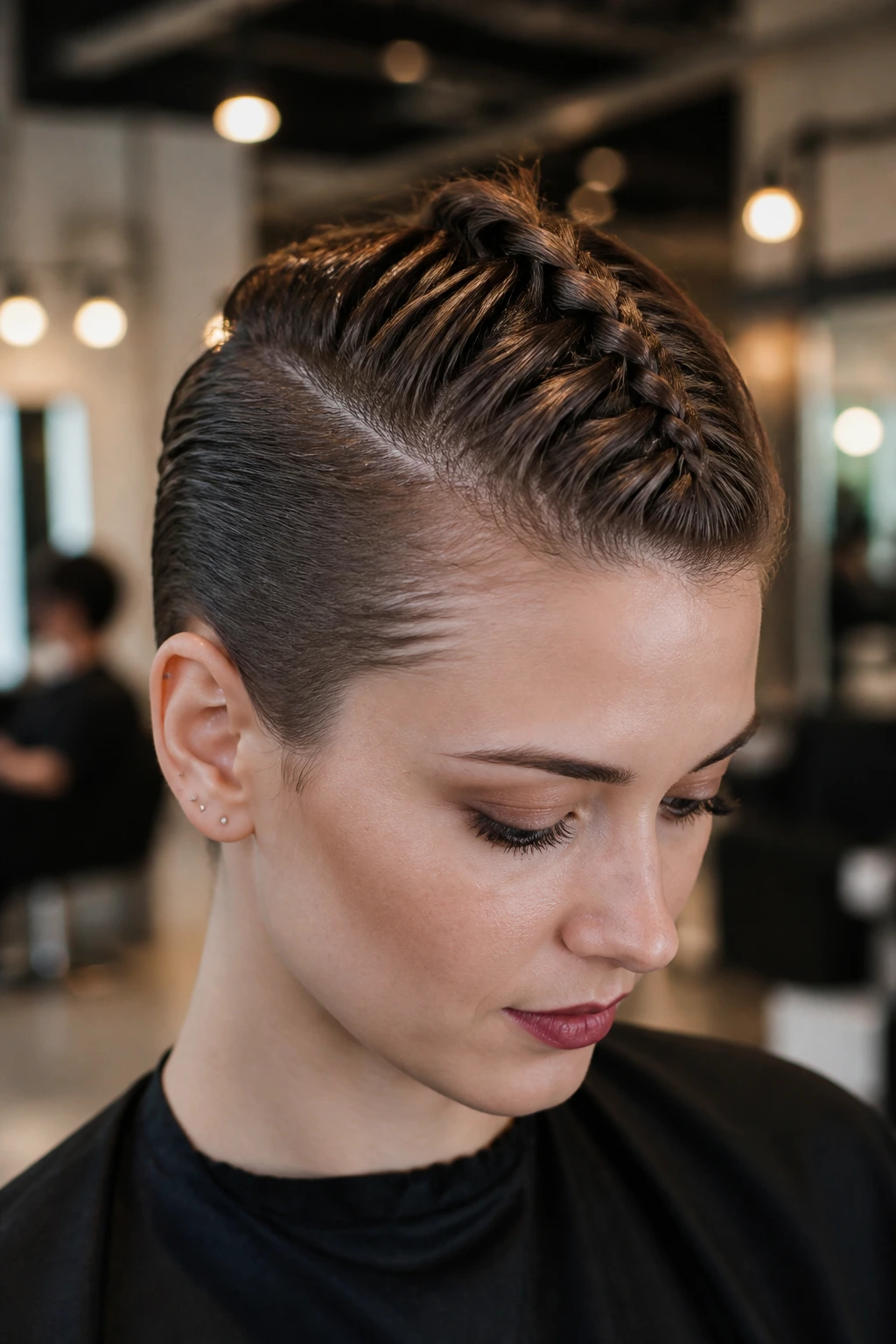 Close-up of a short-haired person with a centered narrow braid mohawk