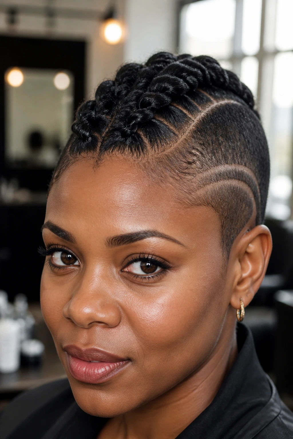 Close-up portrait of a person with a bold center-strip mohawk on very short natural hair