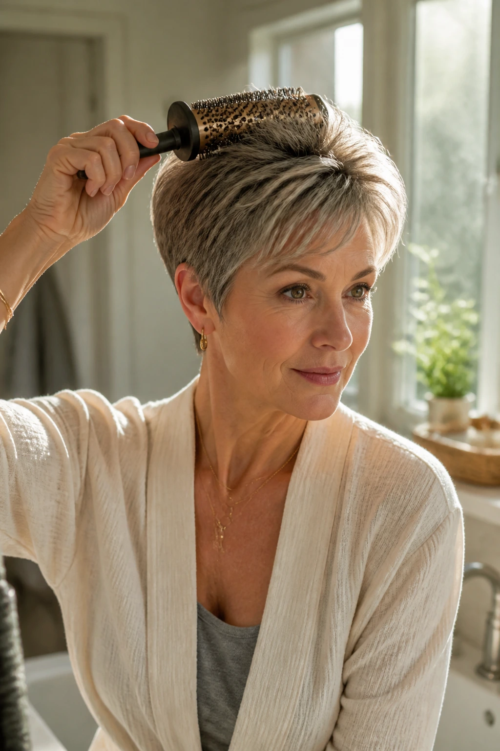 Portrait of a woman with a short haircut in a sunlit bathroom styling her hair for morning routine