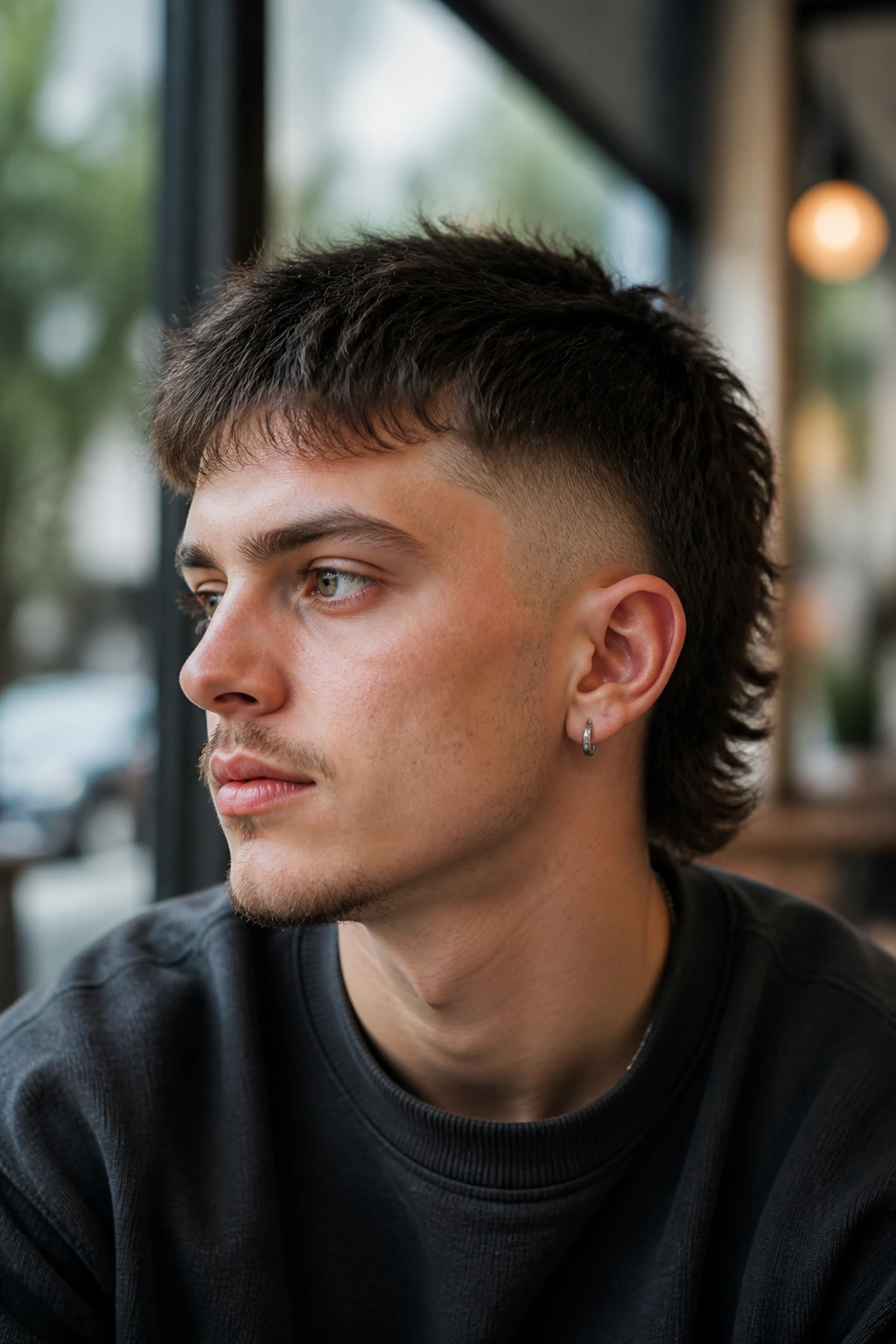 Close-up portrait of a real person with short-hair mullet in a cafe window.