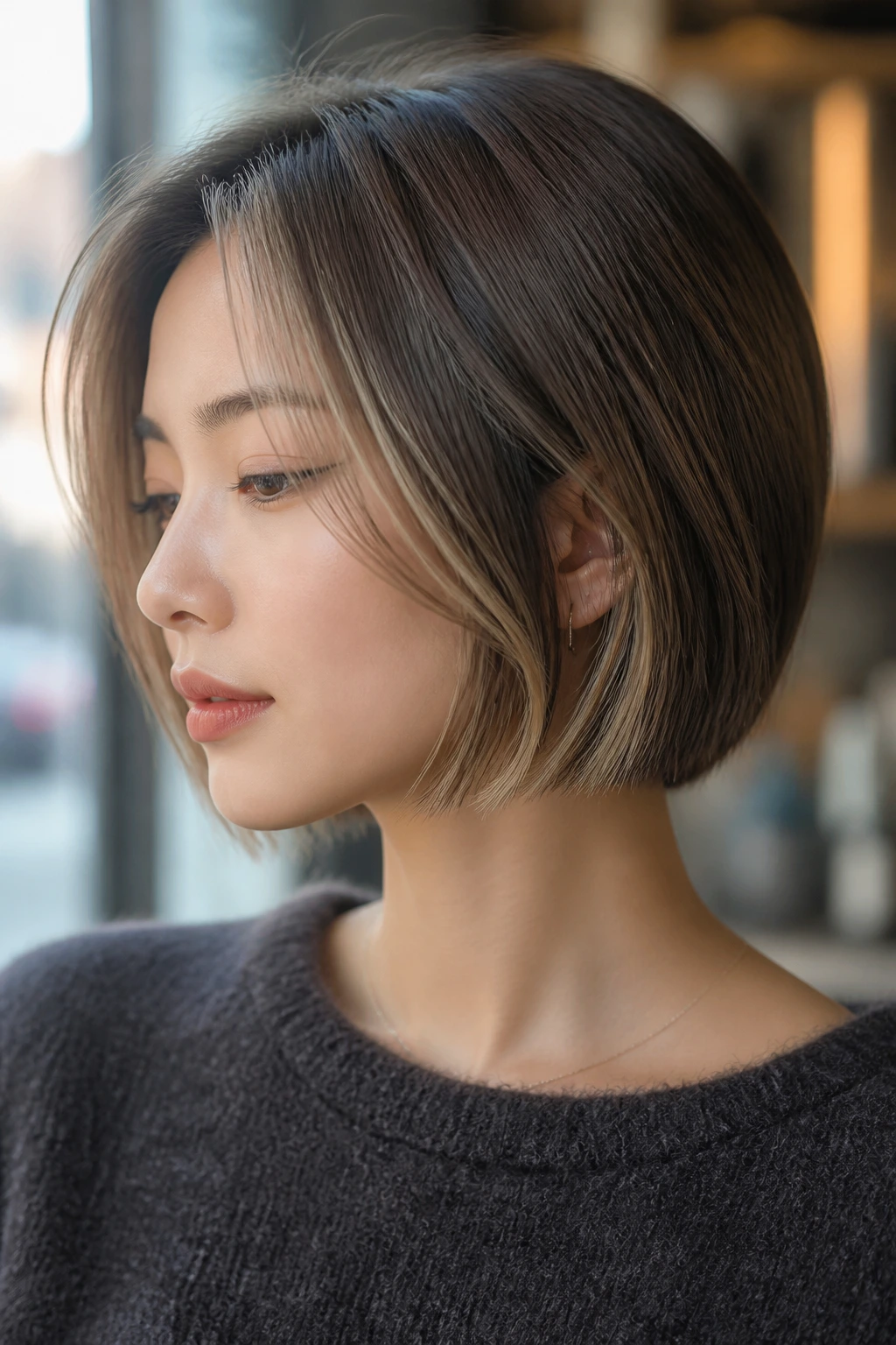 Close-up of a real Asian woman with a blunt short bob and a mushroom brown base with a temple money-piece.