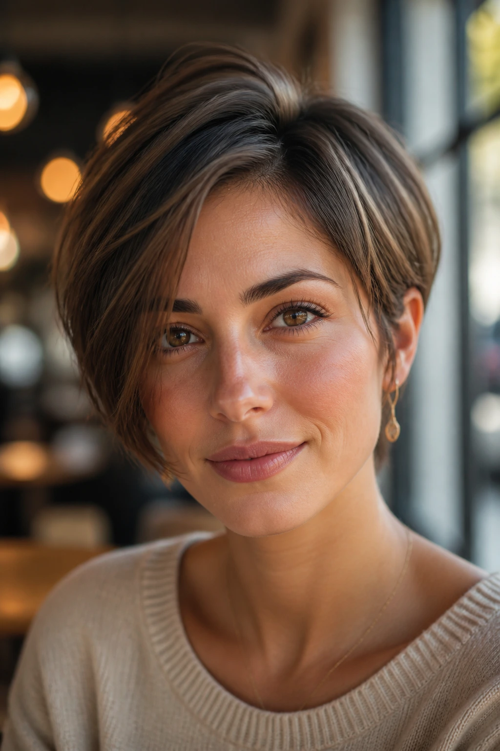 Portrait of person with longer front pieces and off-center part short hair