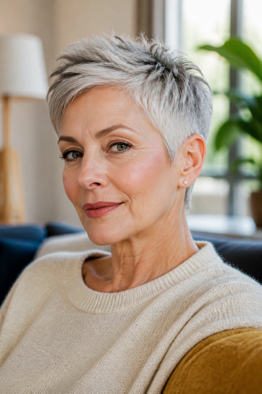 Close-up portrait of an older woman with a crisp short haircut, highlighting jawline and cheekbones in warm natural light.