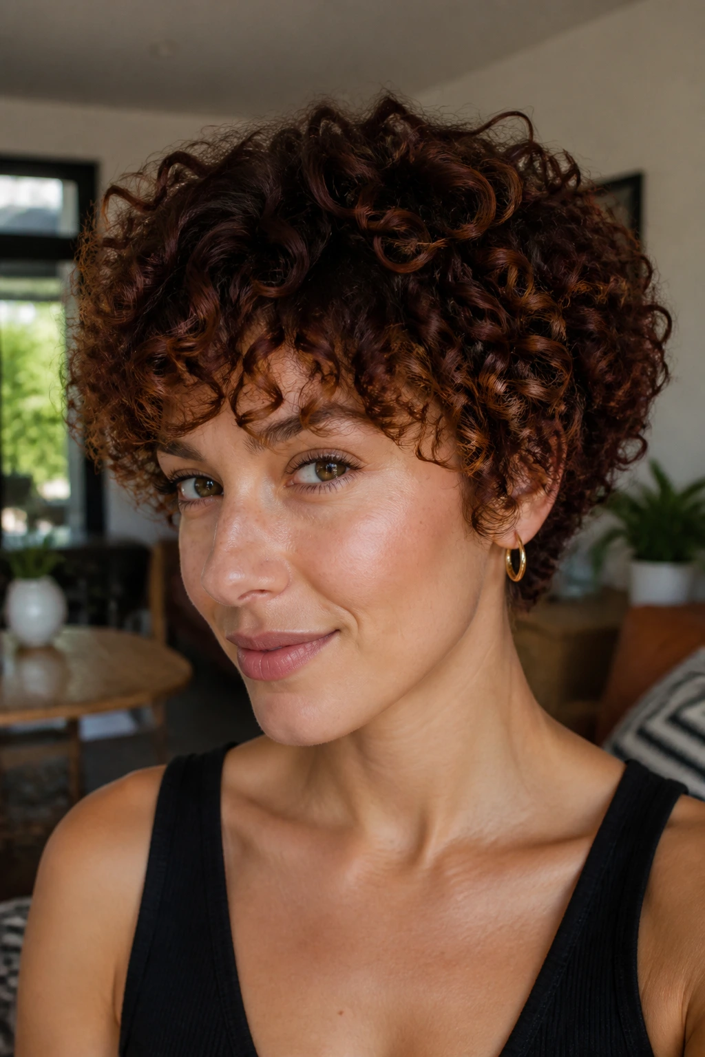Close-up of a real woman with a short curly haircut in deep mahogany to pecan ombre, natural window light.